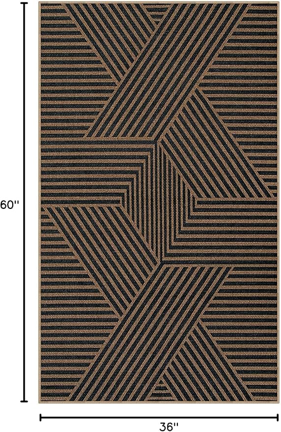 Lahome Enfys Modern Geometric Outdoor Easy Jute Rug, 3x5 Indoor Outdoor Rugs for Living Room Black Entryway Carpet, Farmhouse Washable Non Slip Carpet for Patio Courtyard Bedroom