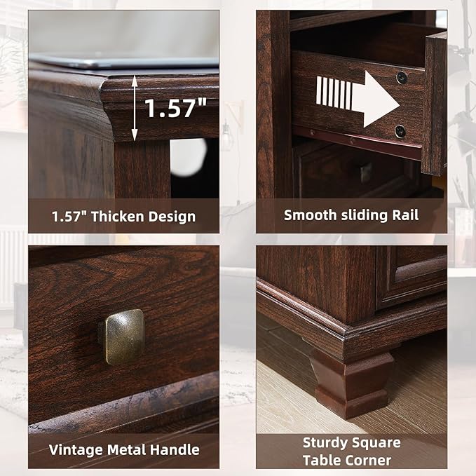 Farmhouse Nightstand with Charging Station, Rustic Brown Nightstand, 2 Drawers End Table, Bedside Table with Open Shelf for Bedroom, Walnut