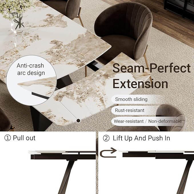 Extendable Dining Table with Leaf, 78"-110" Rectangular Sintered Stone, Marble-Look Top, Seats 6-14, Metal Base, Easy-Clean, Heat & Scratch Resistant, Dining Room/Kitchen Table for Family Gatherings