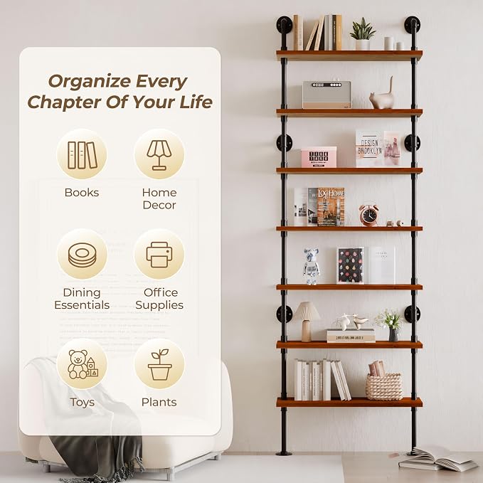 7 Tier Industrial Ladder Shelf Bookcase, Wall Mounted Rustic Bookshelf for Living Room Decor and Storage (Walnut Color, 7 Tier - 10" D x 36" W x 95.5" H)