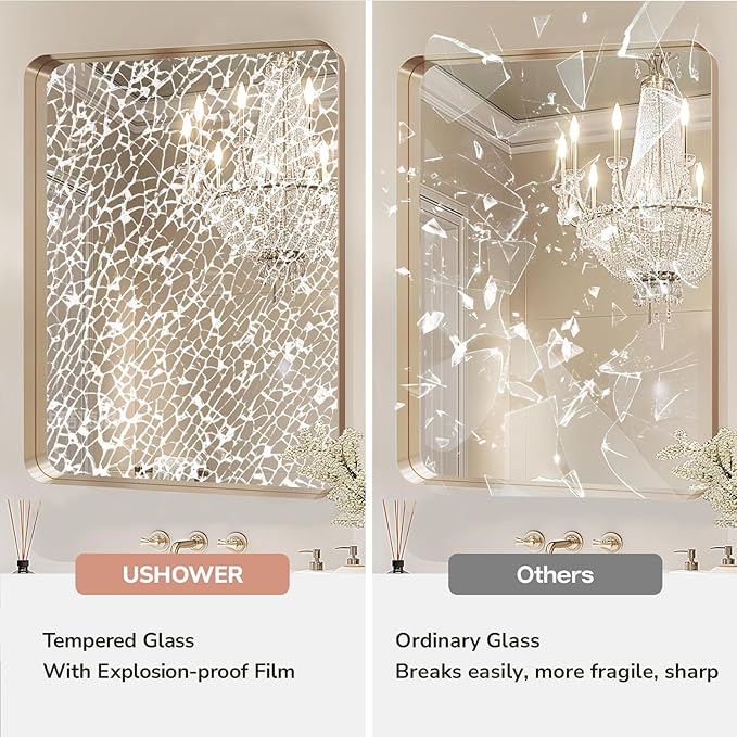 USHOWER Gold Bathroom Mirror 30"x40", Brushed Gold Rectangle Mirror for Over Sink, Aluminum Frame, Anti-Rust, Tempered Glass, Horizontal or Vertical Mounted, Champagne Gold (Neutral Gold)