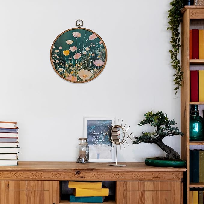 KSDUT Retro Aesthetic Floral Green Wall Art Decor - Botanical Neutral Mid Century Modern Wall Art Canvas Frame Hanging Prints, Vintage Landscape Round Wall Art Decor for Home Decorations 10"x10"