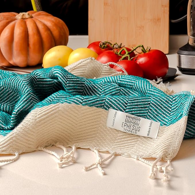 Hand Towels - Set of 2 | 18" x 30" - Decorative Turkish Hand Towel for Bathroom, Kitchen, Guest, Face, Hair, Tea, Dishcloth (Herringbone, Oil Green)