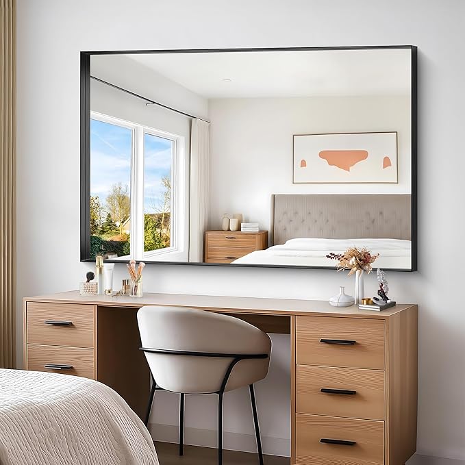 Black Bathroom Mirror, 42x42 Inch Rectangular Framed Mirror, Large Wall Mounted Bathroom Vanity Mirror Over Sink for Bedroom,Restroom, Living Room, Hangs Vertically or Horizontally