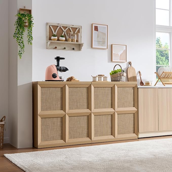 VividVibe Sideboard Buffet Cabinet with Storage, 62.9”Large Boho Credenza with 4 Doors, Coffee Bar Cabinet Farmhouse Modern for Entryway Living Room Natural Oak