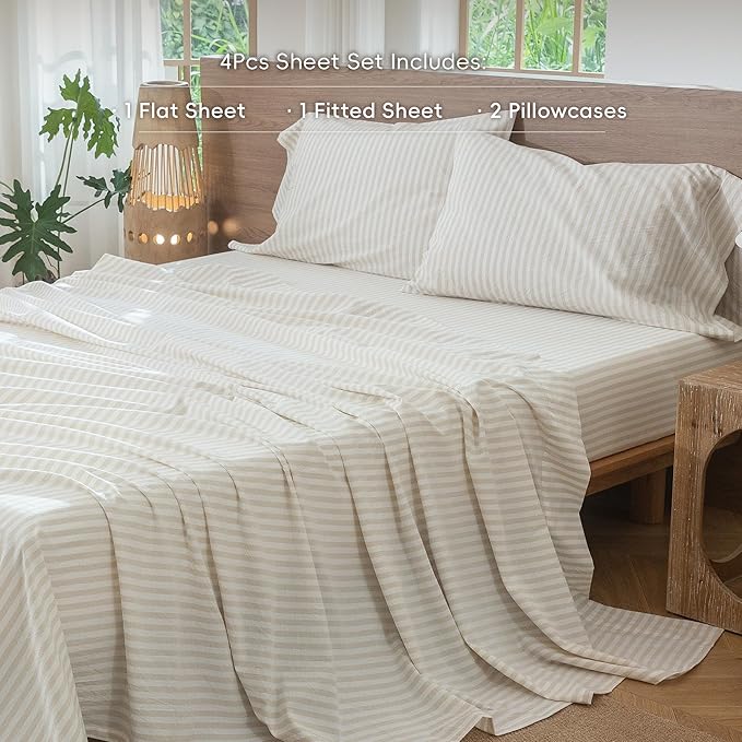 MooMee Striped Sheet Set 100% Washed Cotton Linen Like Textured Breathable Durable Soft Comfy (Almond Milk Grey Classic Stripes, Queen)