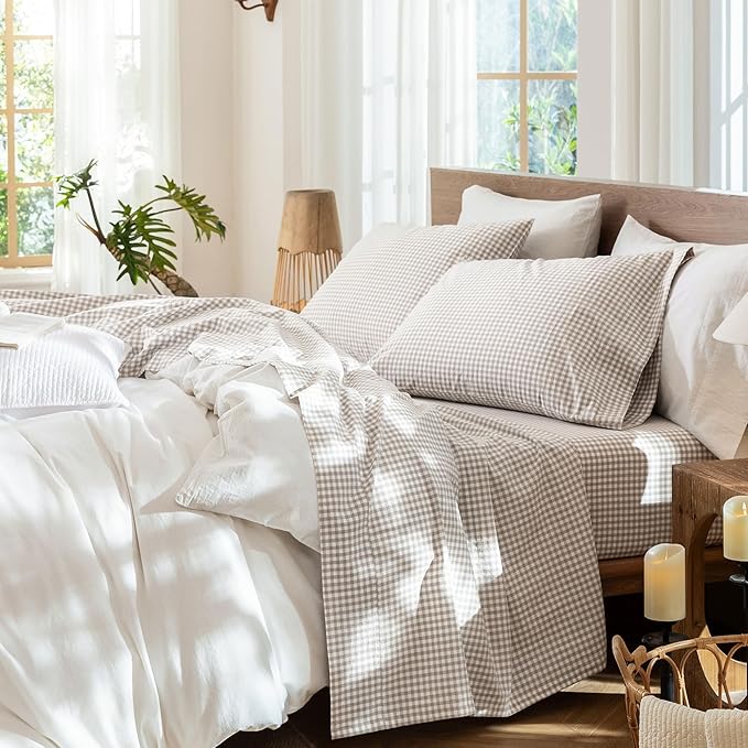 MooMee Gingham Sheet Set 100% Washed Cotton Linen Like Textured Breathable Soft w/Fully Elasticized 16-19" Deep Pocket (Mini Gingham Tannish Linen Grey, Queen)