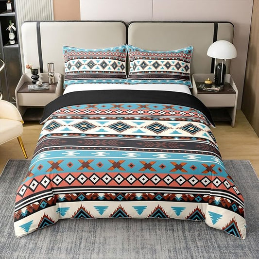 100% Cotton Aztec Duvet Cover Queen Southwestern Bedding Set Tribal Native American Comforter Cover Brown Blue Abstract Geometric Tribal Bedroom Decor Ethnic Grid Lattice Quilt Cover