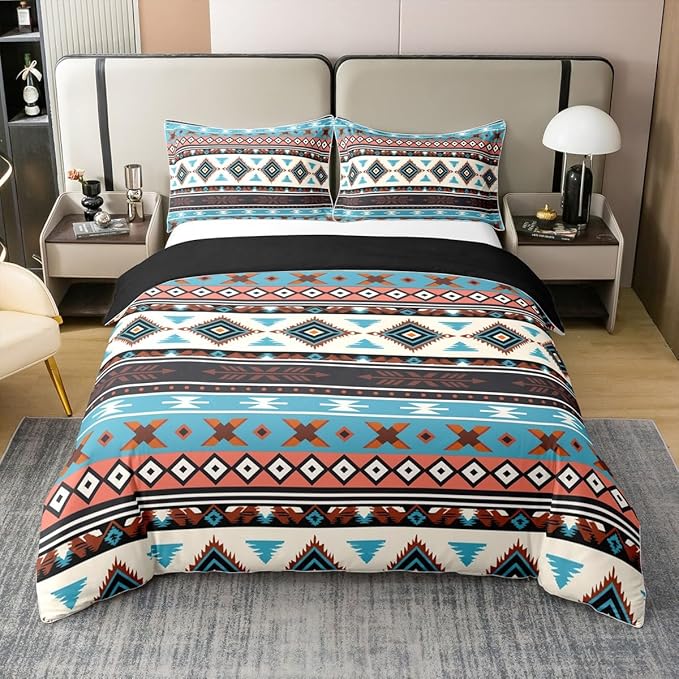 100% Cotton Aztec Duvet Cover King Southwestern Bedding Set Tribal Native American Comforter Cover Brown Blue Abstract Geometric Tribal Bedroom Decor Ethnic Grid Lattice Quilt Cover