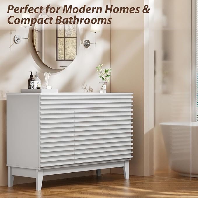 APRILSOUL 48" Bathroom Vanity with Ceramic Sink, Mid-Century Bathroom Vanity Cabinet with 2 Soft Closing Doors, Freestanding Bathroom Cabinet, Particleboard Frame with Wood Grain Laminate, White
