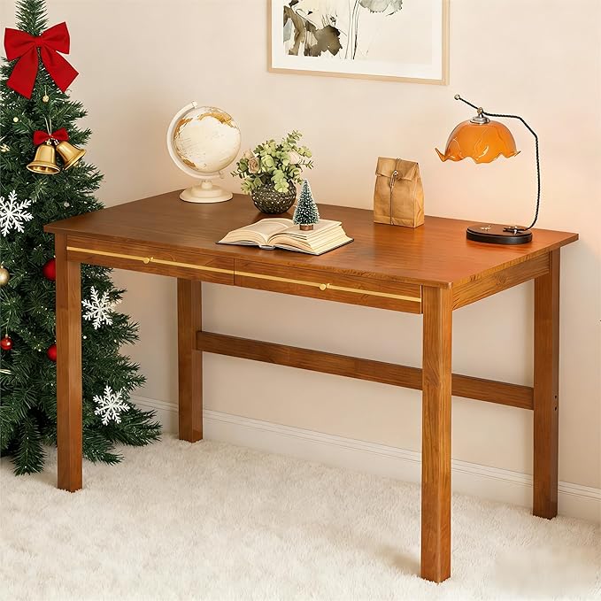 100% Solid Wood Desk with Drawers - 47.2 Inch Mid Century Modern Desks, Vintage Writing Desk with Drawers, Simple Work Study Table, Home Office Desks for Bedroom & Home, Walnut Color