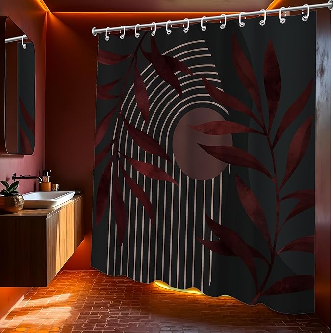 Boho Black and Dark Red Shower Curtain, Mid Century Modern Burgundy Shower Curtains for Bathroom, Waterproof Fabric Set with Hooks, 70" W x 72" L