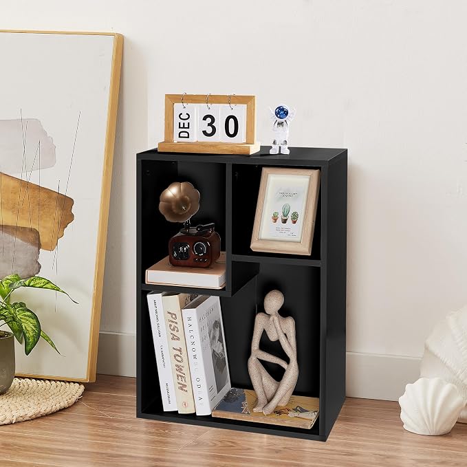 VECELO 3-Cube Small Bookshelf, Modern Bookcases with Shelves Height Up to 12.8 Inches, Suit for Common Size Textbook, Vertical or Horizontal, Cubby Storage Organizer,Vintage Black