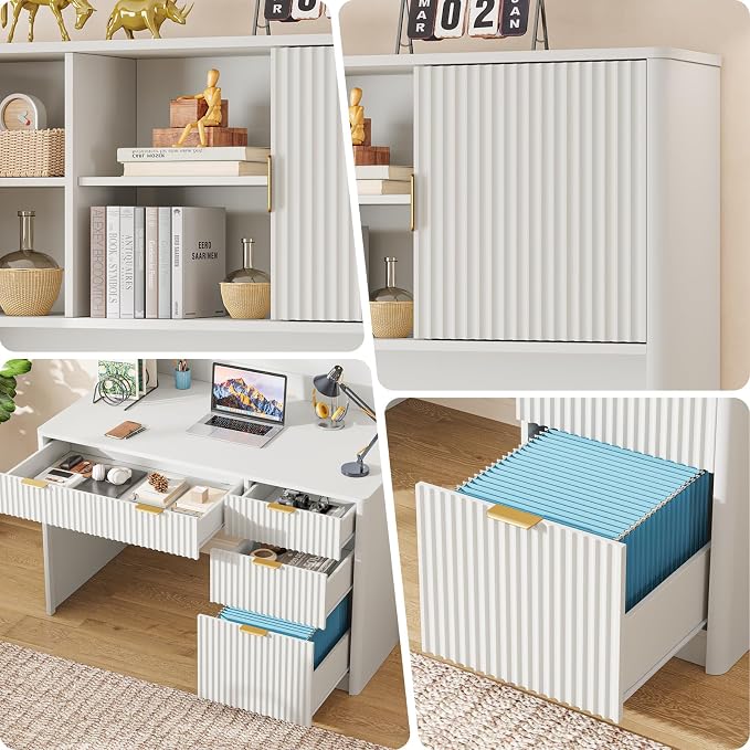 Vabches 67" H Executive Desk with FlutedDrawers,4 Drawers Fluted ComputerDesk,Wood Workstation with Hutch and BarnDoors for Work and Study,Cream White