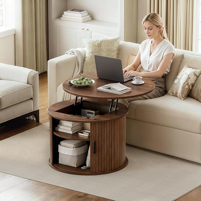 FABATO Round Lift Top Coffee Table, Fluted Wood Accent Coffee Table with Hidden Storage and Open Shelves, Drum Table with Sliding Rolling Door, Small Center Table Dining Table for Living Room, Walnut