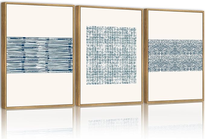 PHOPAGO Blue Abstract Framed Wall Art Modern Boho Neutral Line Wall Decor Mid Century Minimalist Geometric Artwork Kitchen 11x14in Natural Framed