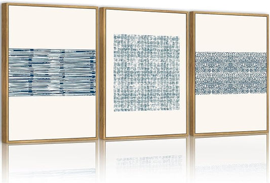PHOPAGO Blue Abstract Framed Wall Art Modern Boho Neutral Line Wall Decor Mid Century Minimalist Geometric Artwork Kitchen 11x14in Natural Framed