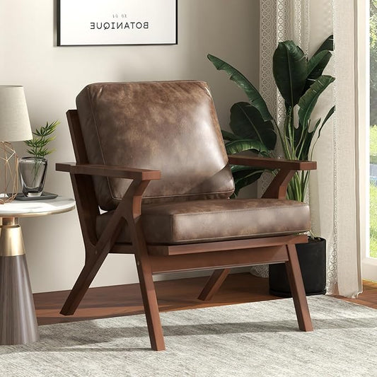 Bonzy Home Faux Leather Accent Chair for Living Room,Upholstered Armchair with Cushions and Solid Wood Frame, Mid-Century Modern Lounge Chair for Bedroom or Office, Retro Brown