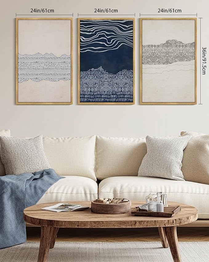KUVIOKE Navy Blue Abstract Shapes Framed Canvas Wall Art Minimalist Wooden Pastel Boho Wall Decor Modern Neutral Farmhouse Rustic Art Painting for Bedroom Dining Room 24x36in (Natural Framed)