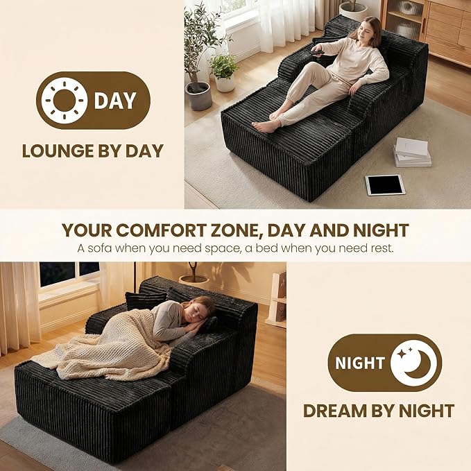 Chaise Lounge Chair Indoor,Boneless Chair with Ottoman,Comfy Reading Chair for Adults,Small Sofa Bed Couch for Living Room,Single Sleeper Chair Bed,Black