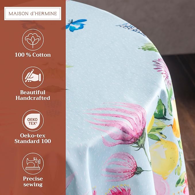 Maison d' Hermine Table Cloth Round Table 100% Cotton 63 Round Inches Tablecloth Reusable Decorative for Dining Room Farmhouse Home Valentines Day Decorations Spring Summer - Jardin D'Ete - Mint