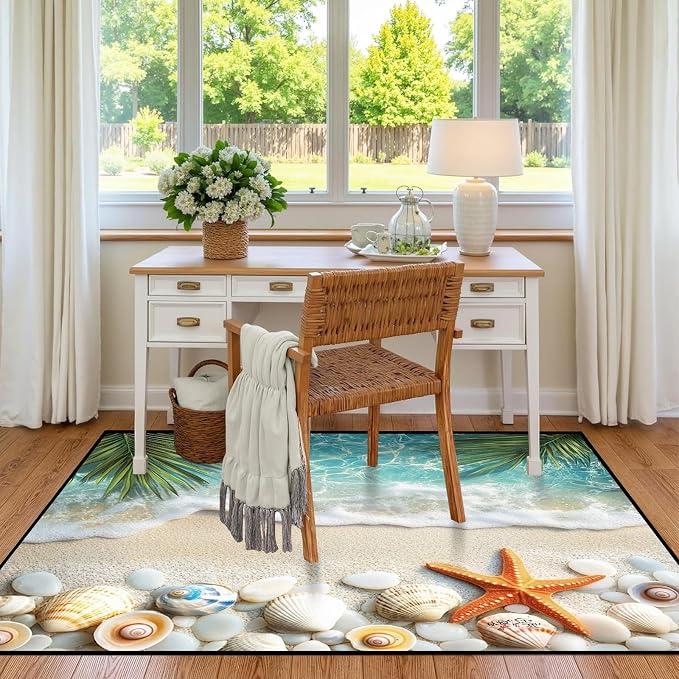 6'x9' Beach Rug Starfish Seashell Area Rugs for Bedroom Living Room Kitchen Nursery Playroom Home Decor Ocean Sea Wave Carpt 3D Non Slip Washable Throw Rug Coastal Seaside Floor Mat