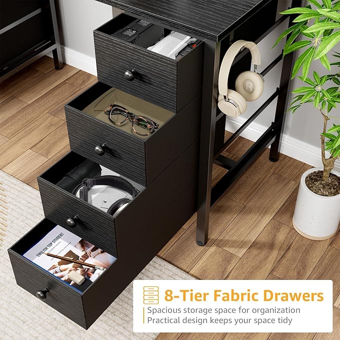 DLisiting Black Gaming Desk with Fabric Drawers on Both Sides, 55 Inch Home Office Computer Study Writing Work PC Desk with 8 Storage Drawers Storage for Bedroom