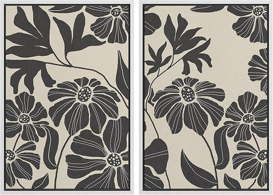 MUDECOR Framed Canvas Print Wall Art Monochrome Floral Botanical Black and White Illustrations Modern Art Decorative Bohemian Colorful Chic for Living Room, Bedroom, Office - 24"x36"x2 White