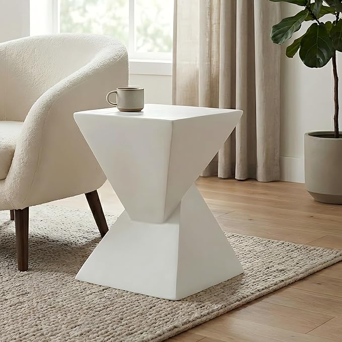 ø12.5'' Square Hourglass Side Table End Table for Living Room, Modern Retro Style, Magnesium Oxide & Light Weight for Indoor & Outdoor, No Assembly, Wood Grain, White