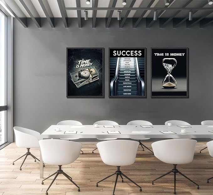3Pcs Time Is Money Wall Art Paintings Office Wall Decor Pictures Inspirational Quotes Posters Prints Road to Success Canvas Paintings of Man Cave Living Room Bedroom Office Decor unframed