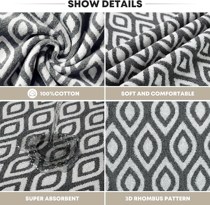 Artoid Mode 1 Pc Beige Grey Diamond Grid Jacquard Hand Towels for Bathroom, 100% Cotton Soft Absorbent Bathroom Decor Towels, 13.7 x 29.5 Inch