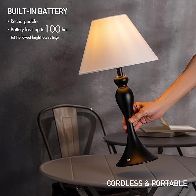 O'Bright Ember Cordless Table Lamp – Rechargeable, Touch Dimmable, Battery Operated, E26 LED Bulb, Type-C Fast Charging, Portable Lamp for Bedroom, Living Room, Office, Black