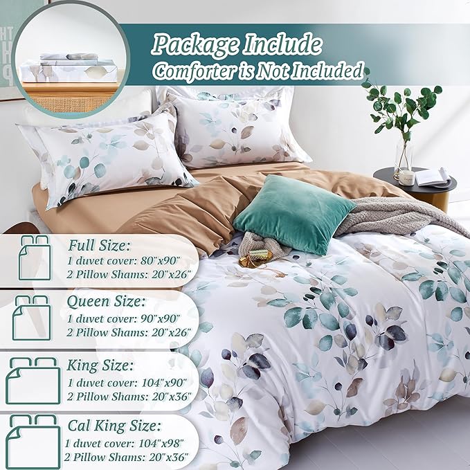 MILDLY 100% Long-Staple Cotton Duvet Cover Set Teal Blue Green Leaf Pattern Printed Comforter Cover 2pcs, Ultra Soft & Breathable Bedding Set
