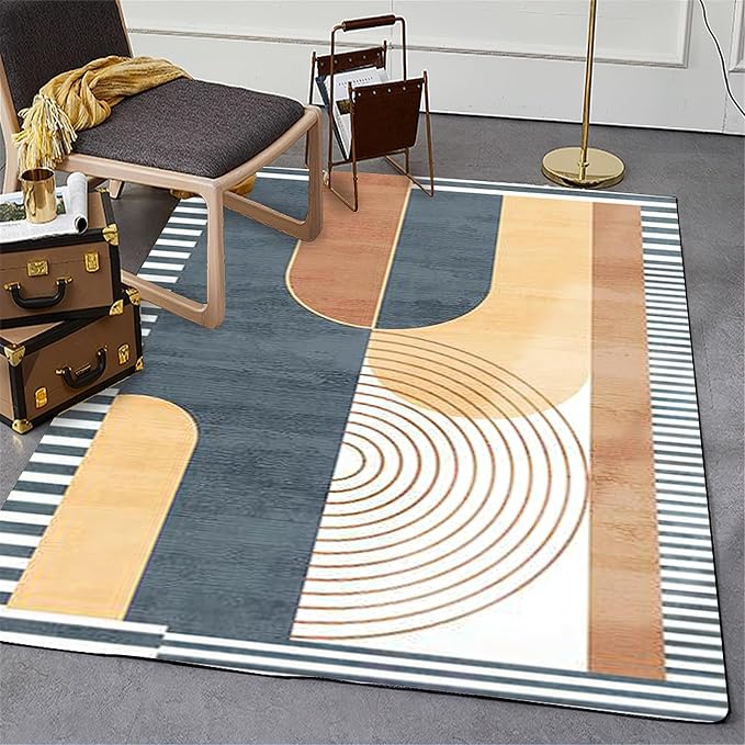 Vintage Modern Mid Century Area Rug, Abstract Geometric Irregular Stripes Non Slip Bedroom Rugs, Breathable Durable Carpet for Indoor Study Living Room Office Decor Rug - 5 ft x 7 ft