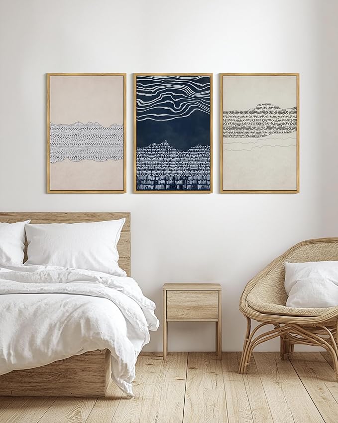 KUVIOKE Navy Blue Abstract Shapes Framed Canvas Wall Art Minimalist Wooden Pastel Boho Wall Decor Modern Neutral Farmhouse Rustic Art Painting for Bedroom Dining Room 24x36in (Natural Framed)