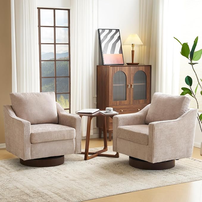 VINGLI Mid-Century Modern Swivel Accent Chairs Set of 2, 360°Upholstered Armchairs, Home Sofa with Track Arms for Living Room, Bedroom, Reading Room, Club Swivel Chairs, Chenille Khaki