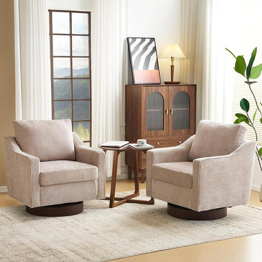VINGLI Mid-Century Modern Swivel Accent Chairs Set of 2, 360°Upholstered Armchairs, Home Sofa with Track Arms for Living Room, Bedroom, Reading Room, Club Swivel Chairs, Chenille Khaki