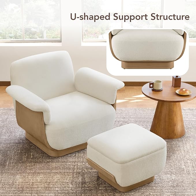 CHITA Fabric Reclining Swivel Chair with Storage Ottoman, Modern Living Room Accent Chair with Lounge Seat for Bedroom, Office, Cream