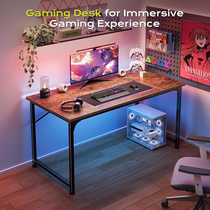 PRAISUN 39.4 Inch Computer Desk, Home Office Desk with Spacious Desktop, Modern Gaming Desk, Writing Study Table for Bedroom, Small Spaces, Work from Home Desk with Metal Frame, Rustic Brown
