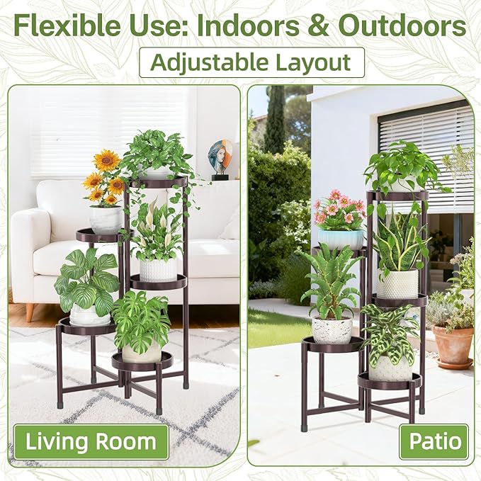 iDavosic.ly Plant Stand Indoor Outdoor, 5 Tier Corner Metal Flower Display Holder Shelf, Folding Tall Orchid Rack for Patio Balcony Porch Garden Living Room House, Violet Bronze