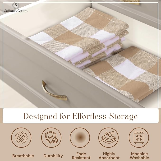 Buffalo Check 4 Pack Kitchen Towels, 16x26 Inches, Classic Farmhouse Plaid Dish Towel, 100% Cotton, Absorbent, Washable for Drying Dishes, Cleaning, Everyday Kitchen Use, Beige White