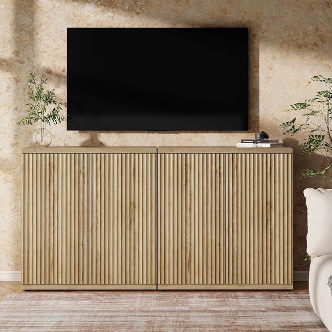 Fluted Buffet Cabinet Sideboard with Storage,Wooden Credenza with 2 Doors&Adjustable Shelve, Modern Accent Cabinets Coffee Bar Bookcase for Living Room,Kitchen Dining Room Entryway 15"D Natural Oak