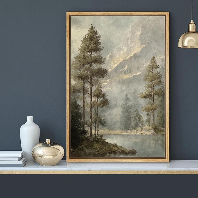 MUDECOR Framed Canvas Print Wall Art Pine Forest and Mountain View Classic Nature Landscape Illustrations Minimalism Decorative Bohemian Zen for Living Room, Bedroom, Office - 16"x24" NATURAL