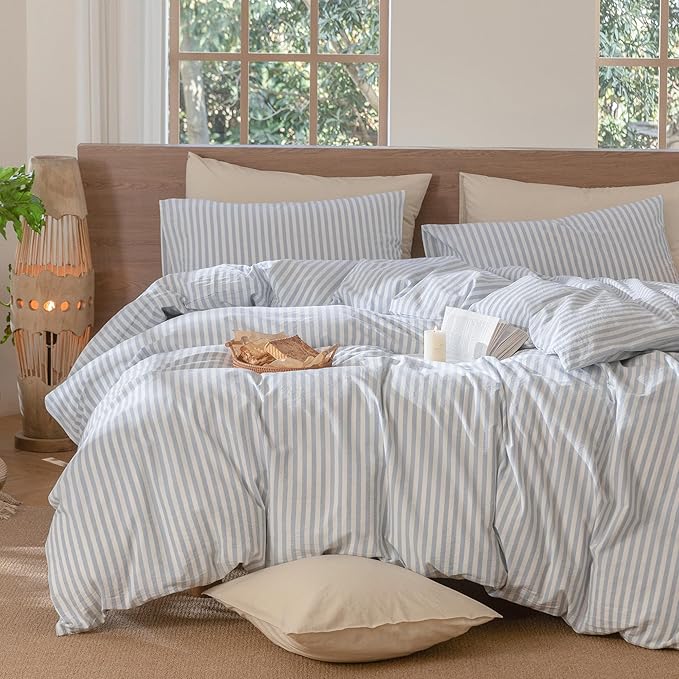MooMee Striped Duvet Cover Set 100% Washed Cotton Linen Like Textured Breathable Durable Soft Comfy (Cornflower Blue White Classic Stripes, Super King 108"x98")