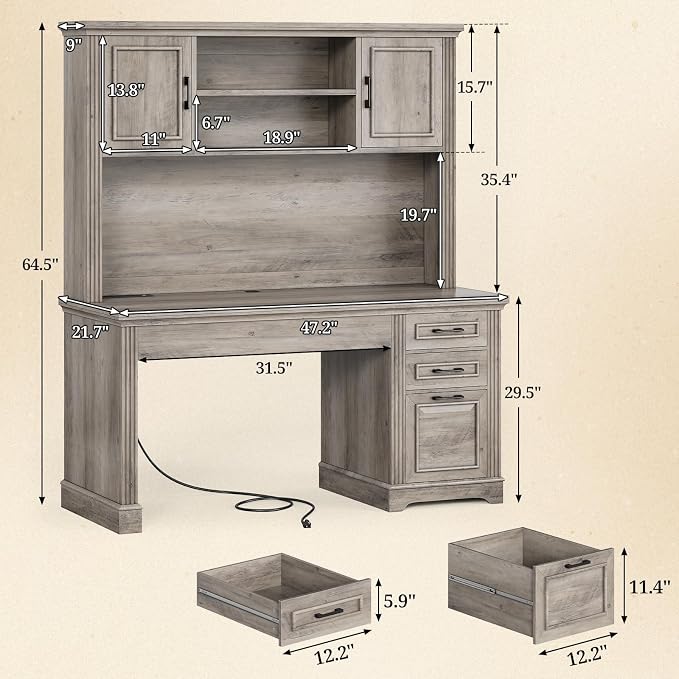 SEDETA Office Desk with 3 Drawers, 47.2" Executive Computer Desk with Storage Drawers and Hutch Cabinet, Wood Farmhouse Desk with Power Outlet for Home Office, Grey