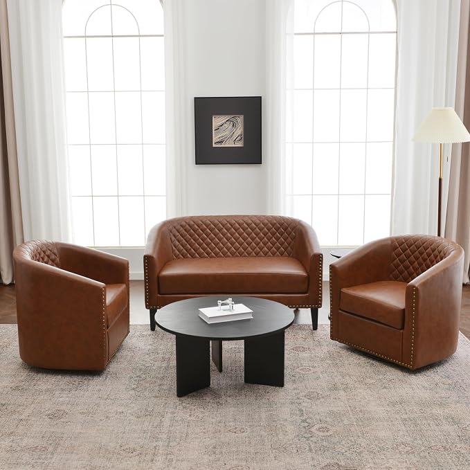 KINWELL 50" Faux Leather Loveseat Sofa with 2 Swivel Barrel Chairs, Brown | for Small Spaces