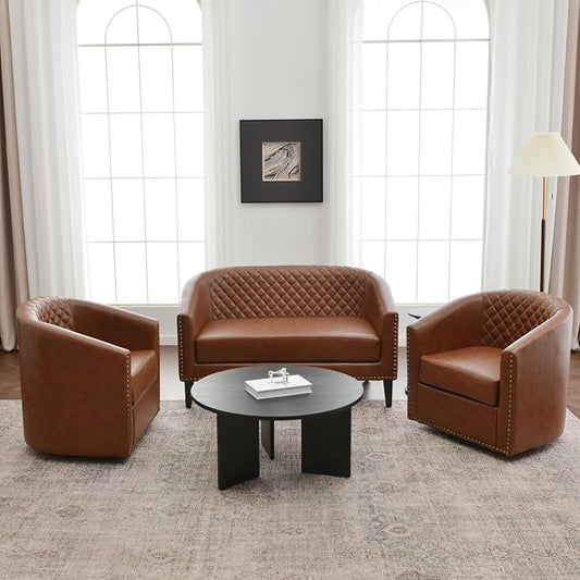 KINWELL 50" Faux Leather Loveseat Sofa with 2 Swivel Barrel Chairs, Brown | for Small Spaces