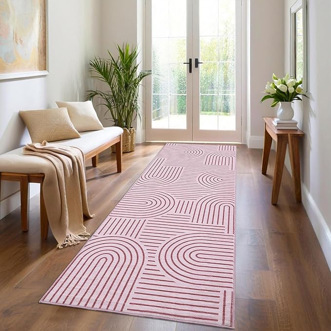 Modern Rug 2x6 Runners for Hallways, Abstract Kitchen Runner Rugs Non Slip Bath Runner, Rainbow Washable Runners Rug for Bedroom, Soft Long Rugs for Entryway Bathroom Laundry Dorm, Pink