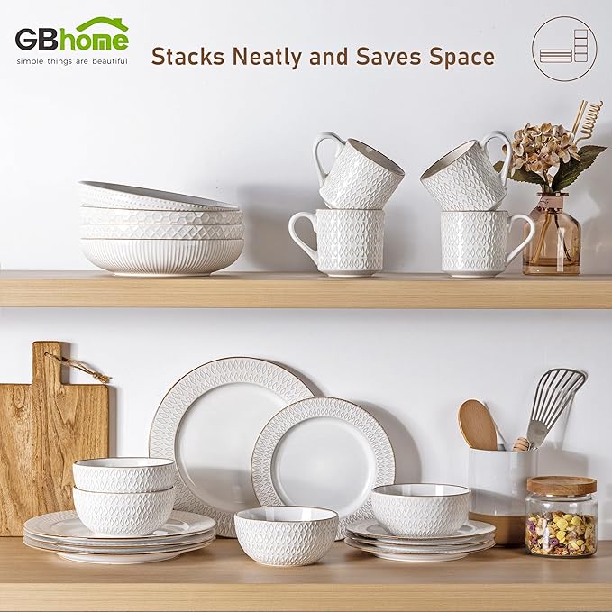 GBHOME Ceramic Dinnerware Sets, 24 pcs Embossed Elegant Stoneware Plates and Bowls Sets, Housewarming Wedding Gift | Dishwasher & Microwave Safe | Dishes Set Service for 8