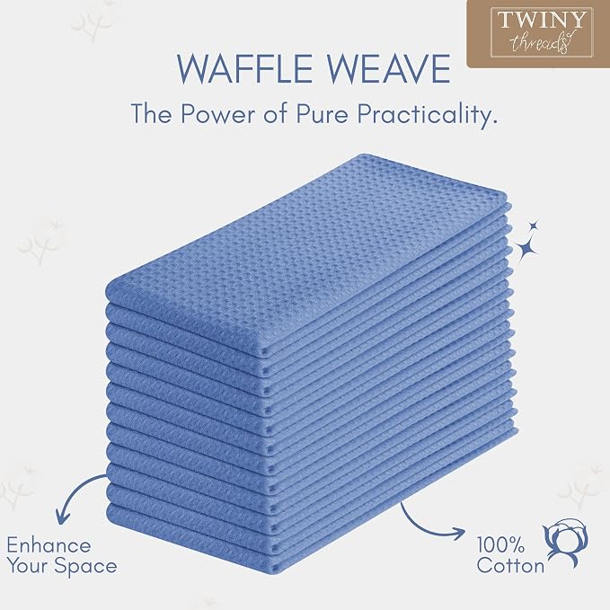 TWINY threads Kitchen Towels Set of 4, 100% Soft Cotton Waffle Weave Dish Towels, Quick Drying, Tea Towel with Hanging Loop, Resuable Cloths for Table Cleaning, Dining, Parties, 16"x26", Sky Blue